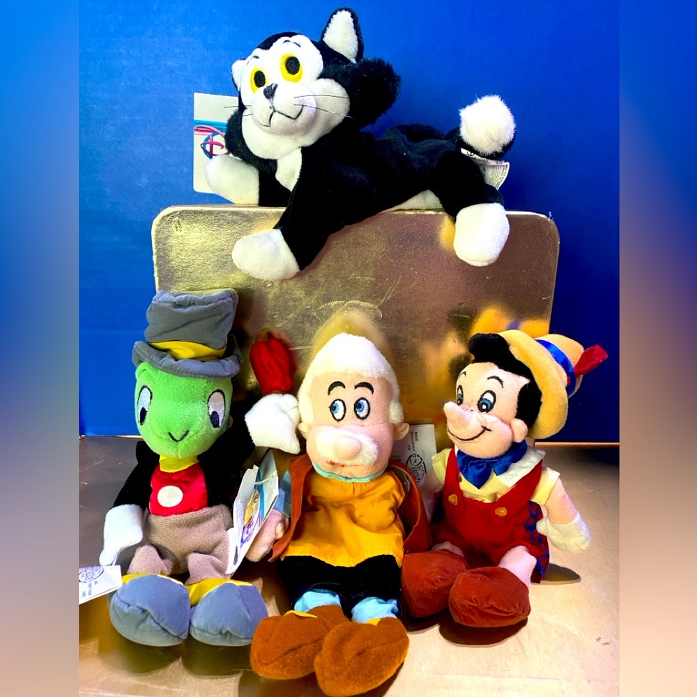 DISNEY EXCLUSIVE NWT VTG 90s PINOCCHIO RETIRED BEAN BAG PLUSH COMPLETE SET OF 4